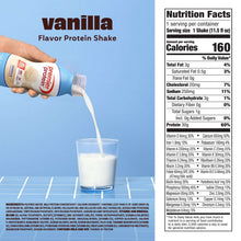 Vanilla protein shake bottle pouring into a glass, vanilla flavor shown