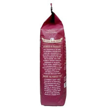 Whole bean coffee bag, maroon back with product and brewing information