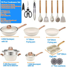 19-piece nonstick cookware set with pots, pans, lids, and silicone utensils