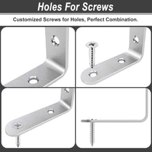 Stainless steel L bracket showing screw holes with a Phillips screw