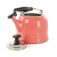 Coral stainless steel tea kettle with black lid knob and side handle