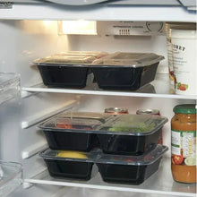 Two stacked 3-compartment meal prep containers on refrigerator shelf