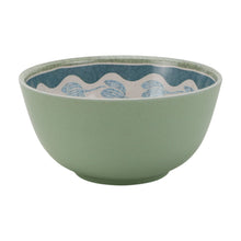 Green bamboo melamine bowl with blue wave-and-shell rim design
