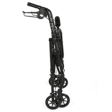 Black folding rollator walker with four wheels and padded seat