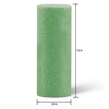 Green foam vase insert cylinder with size markings: 2.9 in wide, 7.9 in tall