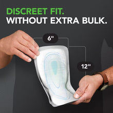 Depend men's incontinence guard shown with 6 by 12 inch dimensions.