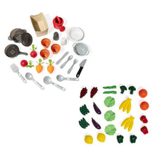 Toy play kitchen accessories set with cookware, utensils, and mixed food props