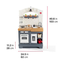 Toy play kitchen set shown with overall size dimensions
