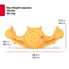 Orange snail seesaw toy on white background with height and length measurements