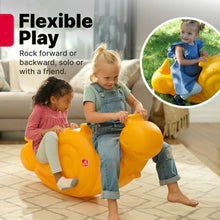 Orange snail seesaw toy in use with two children playing indoors