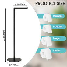 Black toilet paper holder stand with vertical post, horizontal bar, and circular base