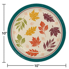 10-inch paper plate with a teal rim and autumn leaf print, shown with size markings