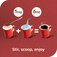 Instant coffee serving with red mugs, measuring spoon, and scoop size indicators