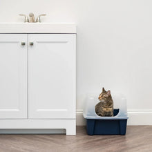 Navy open top cat litter box with shield, with a sitting cat in tray