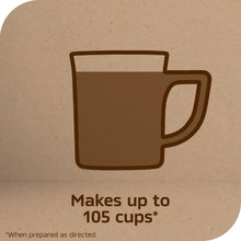 Instant coffee serving icon showing makes up to 105 cups* with mug