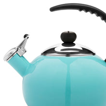 Aqua tea kettle close-up showing lid with black knob and curved black handle