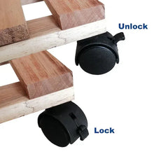 Wooden plant caddy detail with black caster wheels and locking knobs.