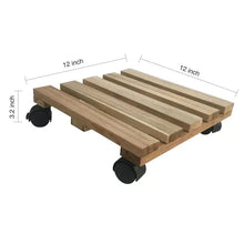 Wooden plant caddy with slatted top and black caster wheels, side view.