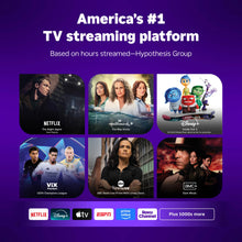 Roku streaming platform tile collage on a TV screen with multiple channel logos