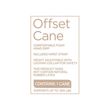 Offset cane package card showing bronze cane and included wrist strap details