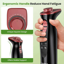 Black immersion blender with ergonomic grip and red control dial