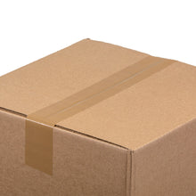 Tan clear packing tape strip across a closed cardboard shipping box