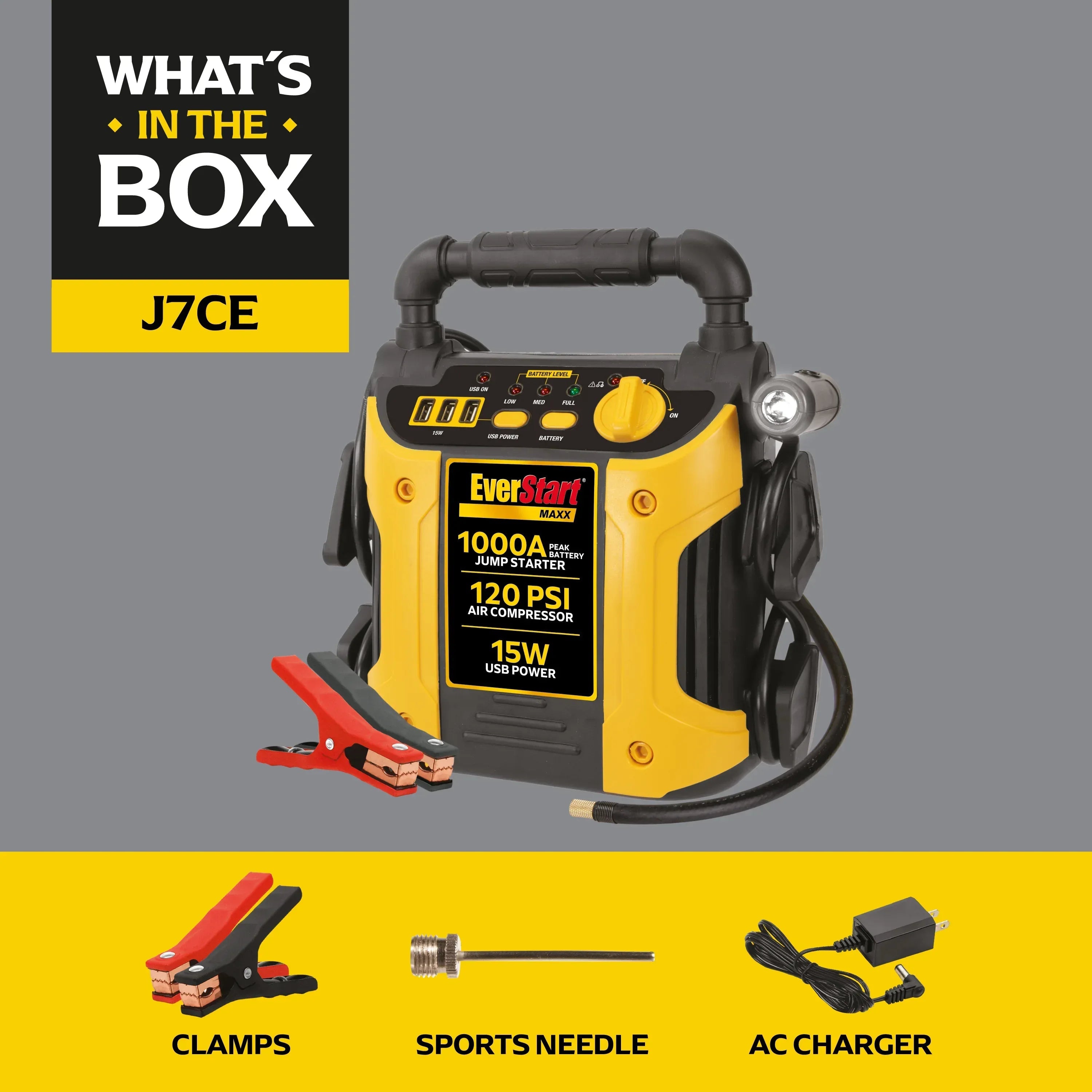 EverStart Maxx 1000 Peak Amp Jump Starter with 120 PSI Compressor, Pivoting LED Light, 3X USB Ports