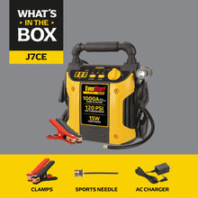 Jump starter kit with clamps, sports needle, and AC charger accessories