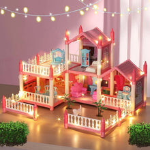 Pink illuminated dollhouse playset with three levels, fences, and doorway details