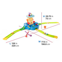 Water play set measuring 28.75 in high, 32 in long, 7.75 in wide