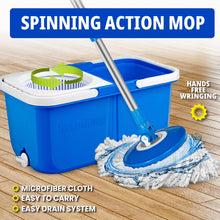 Blue spin mop bucket with white wringer tray and attached white microfiber mop pad
