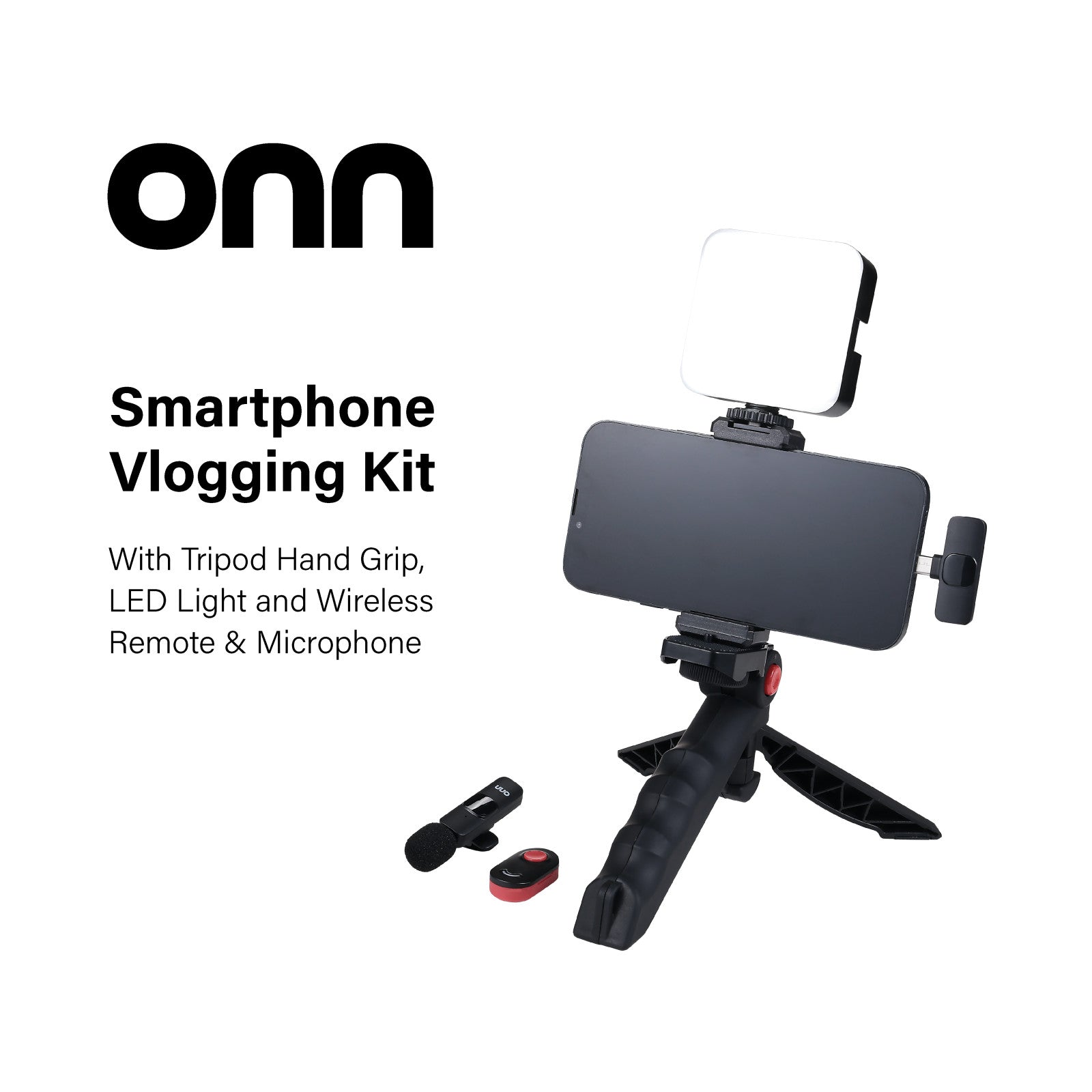 onn Portable LED Video Light Kit with Tripod Grip, Smartphone Holder & Bluetooth Remote for Vlogging, Streaming, and Photography