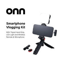 Portable LED video light kit with smartphone holder, LED light panel, tripod hand grip