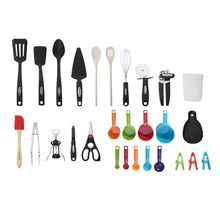 Kitchen utensil set layout with spatulas, ladles, whisk, corkscrew, and measuring tools