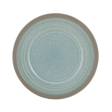 Round stoneware dinner plate with blue speckled glaze and tan rim.