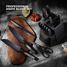 Professional knife block set with assorted stainless knives and black storage block