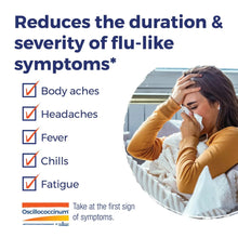 Boiron Oscillococcinum symptom relief chart with woman holding tissue
