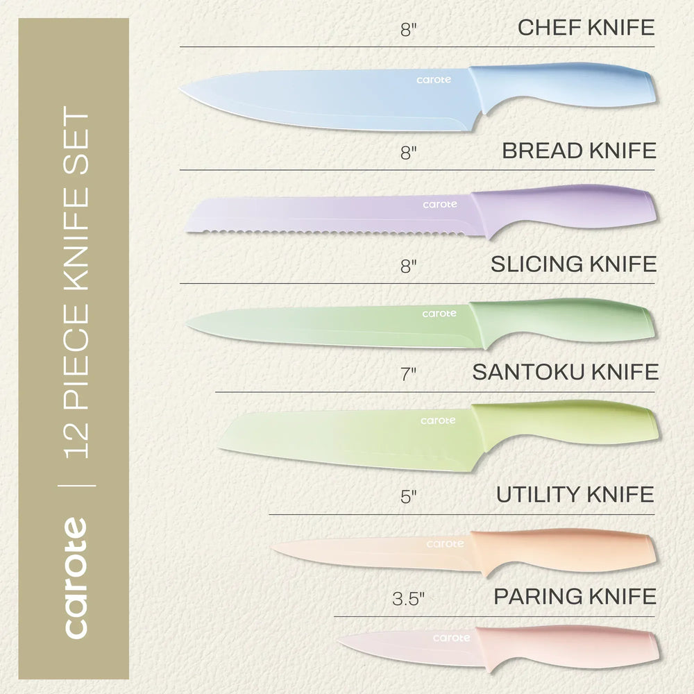 Carote 12 Pcs Kitchen Knife Set, Stainless Steel Knife Set with Nonstick Creamic Coating, Taupe - USA MEGA SHOP