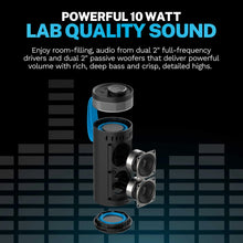 Portable party speaker with front driver openings and blue-lit accent ring detail.