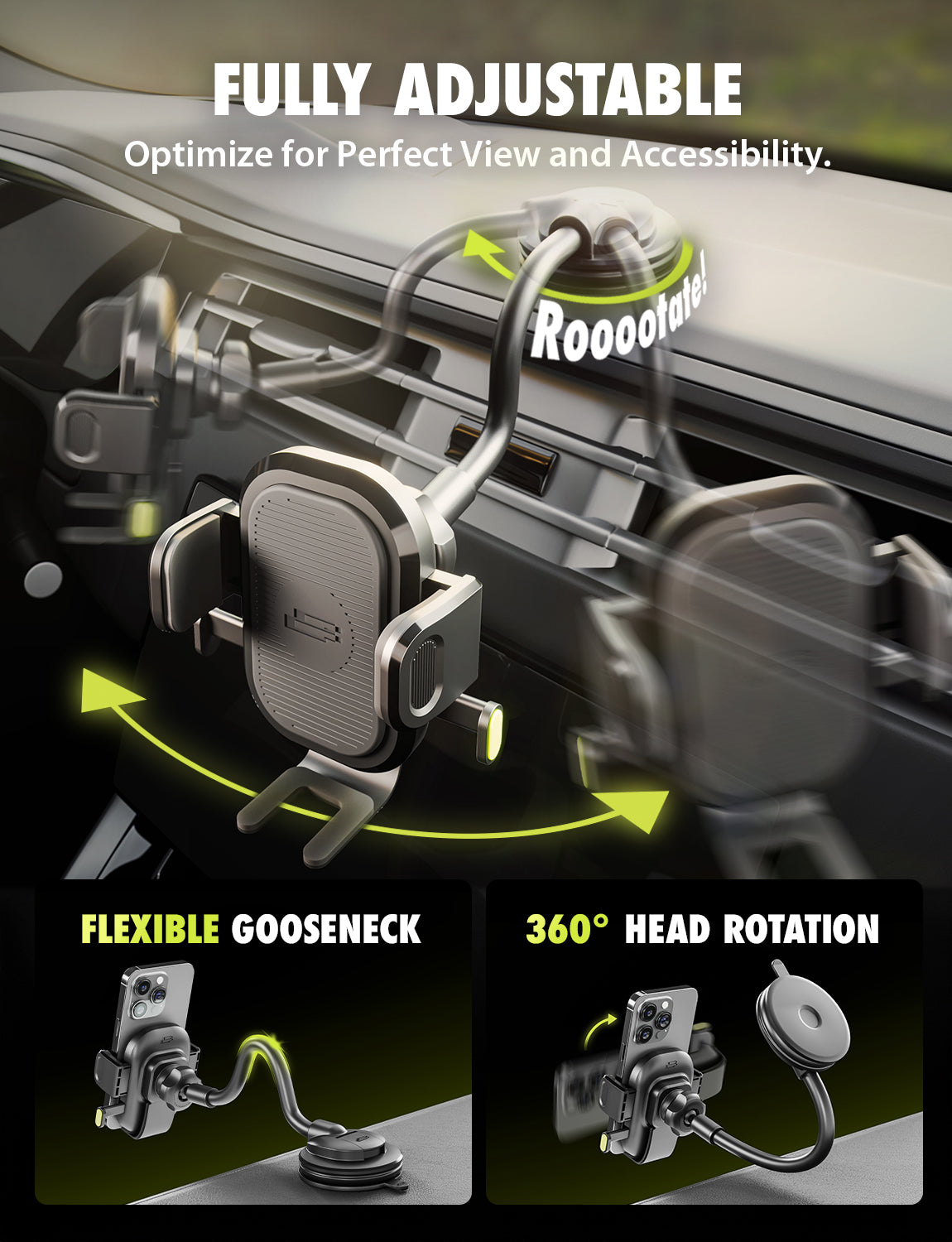 Bracketron OneClick 3-in-1 Car Phone Mount for Dashboard, Windshield & Vent with 7” Flexible Gooseneck, One-Handed Click Grip, 360° Rotation, TemperBond Suction