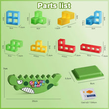 Parts list for dinosaur balance stacking toy with green base, blocks, and card deck