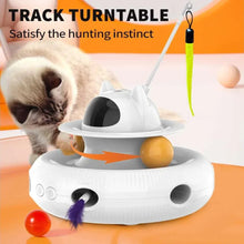 White rotating cat teaser toy with wand and multi-color feather lure