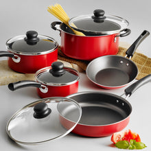 9-piece red non-stick cookware set with pots, lids, and frying pans