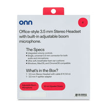 Onn 3.5 mm stereo headset retail box with adjustable boom mic details