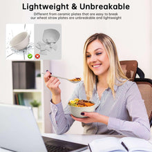 Beige wheat straw dinnerware set held by a person with a plate and bowl