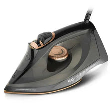Electric steam iron with dark gray body and brown-accent soleplate, steam vent details