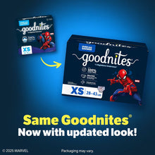 Goodnites XS nighttime underwear box with Spider-Man design and updated packaging