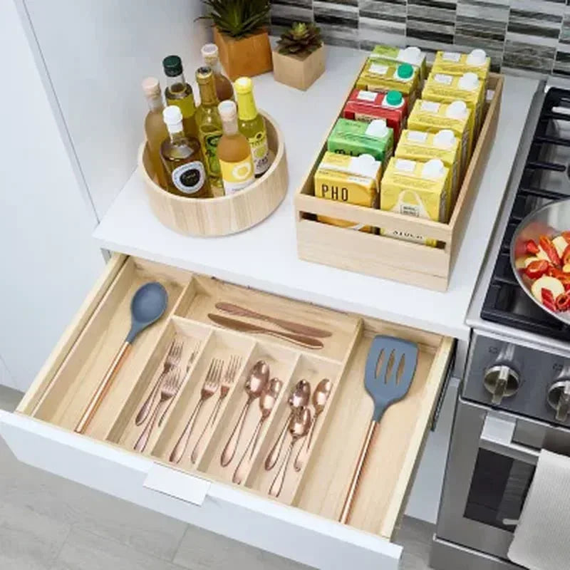 Idesign Renewable Paulownia Wood Collection Expandable Flatware and Cutlery Tray, 15" X 12" to 22"