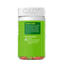 OLLY fiber gummy rings bottle back with dosing and soluble fiber information panel.