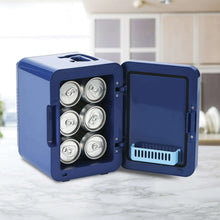 Blue mini fridge with open door showing six-can storage cups and front ventilation grille